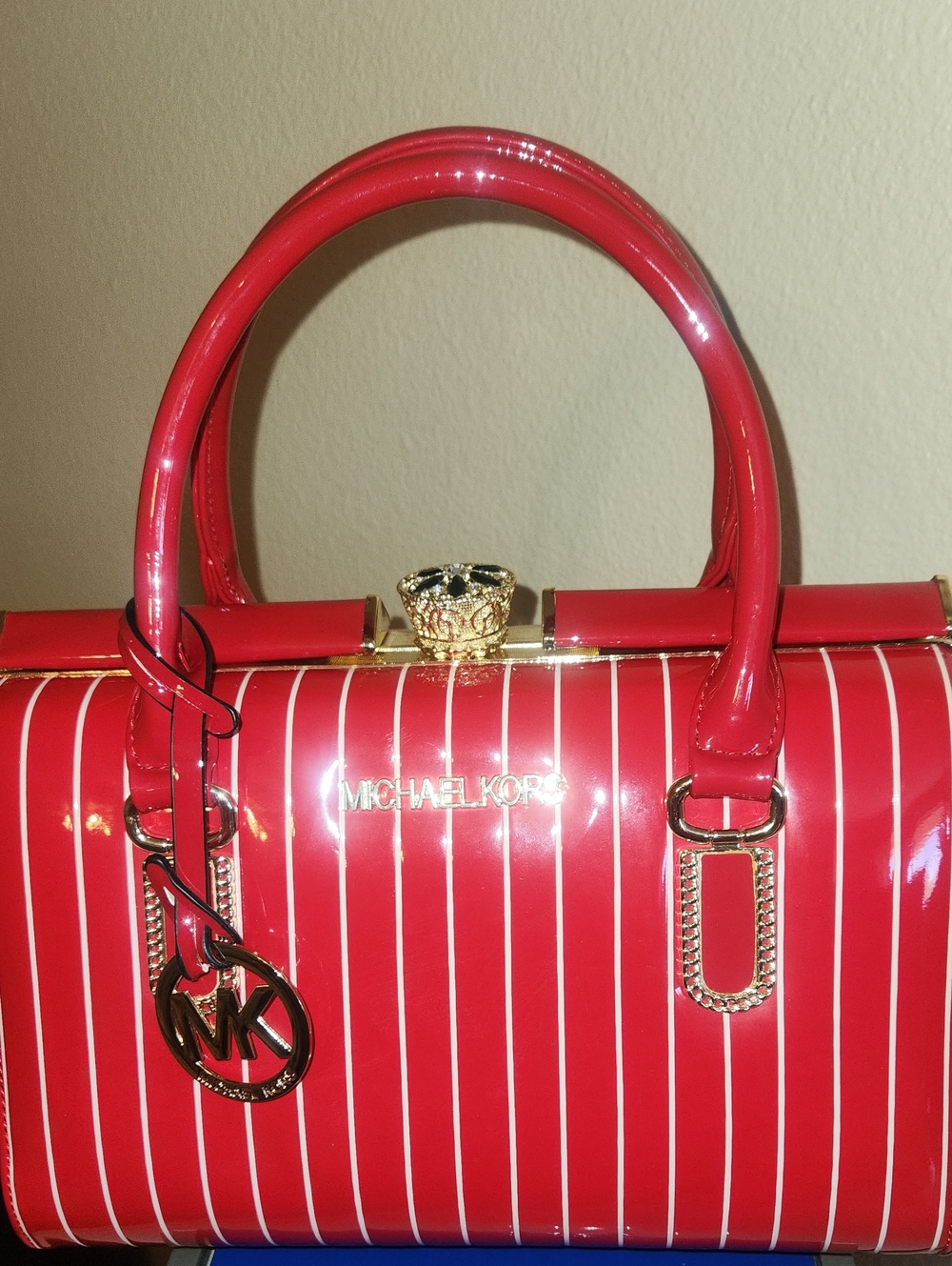 Michael Kors Remake Red Patent Pinstripe Satchel with Gold Hardware